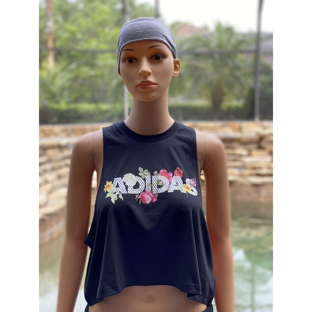 ADIDAS Originals Floral Crop Tank Top XL Black - Women's New with Tags
